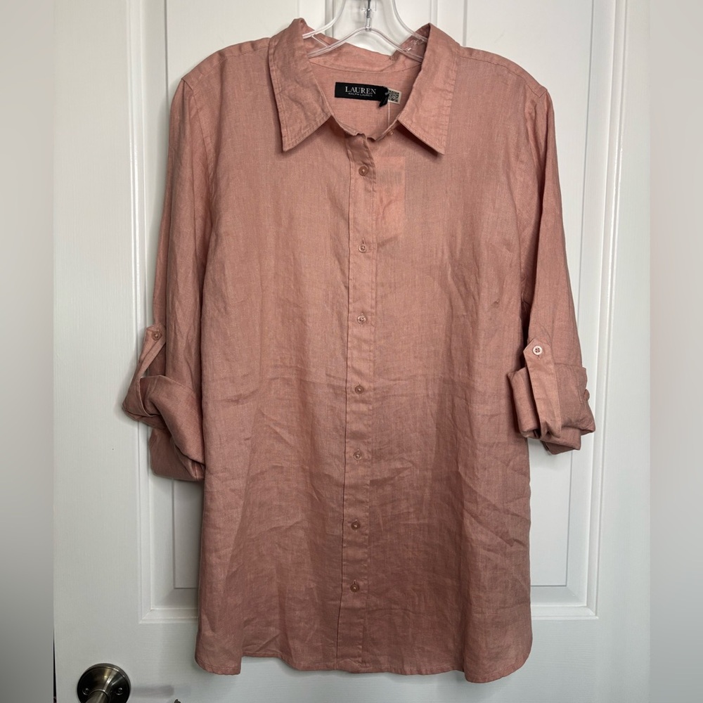 NWT LAUREN Ralph Lauren Women’s Linen Button Down Shirt in Sun Blush sz 1X